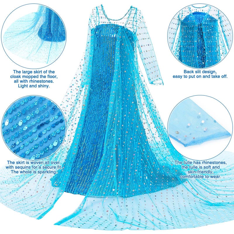 G.C Girls Elsa Frozen Dress Costume Princess Dress Up Clothes with Long Cape Kids Toddler Wig Crown Wand Jewelry Necklace Accessories Halloween Cosplay Birthday Party Supplies - Image 5